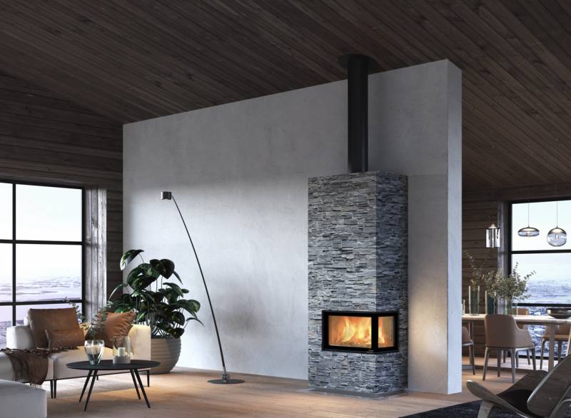 Poêle cheminée angle de vitre à droite pierre de petite taille Nordpeis Langon